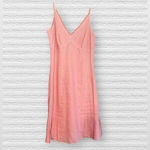 ANN TAYLOR 100% Linen Pleated Lined Midi Dress 0 Petite Lace Neckline